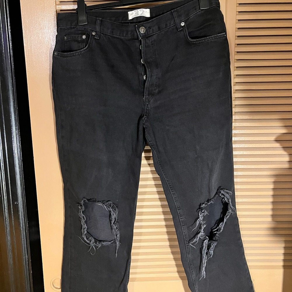 Free People Black Ripped Straight Leg Jeans